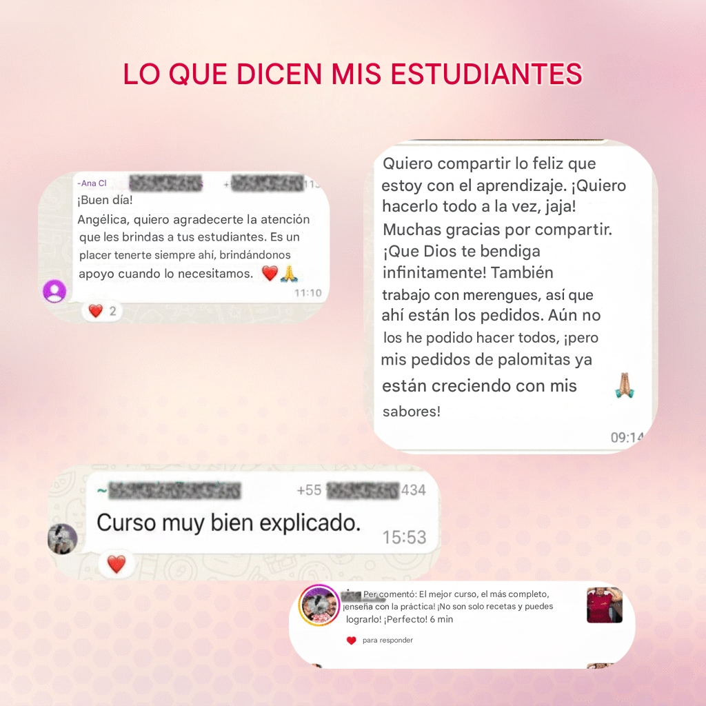 Mensajes de alumnas agradeciendo el curso de palomitas gourmet