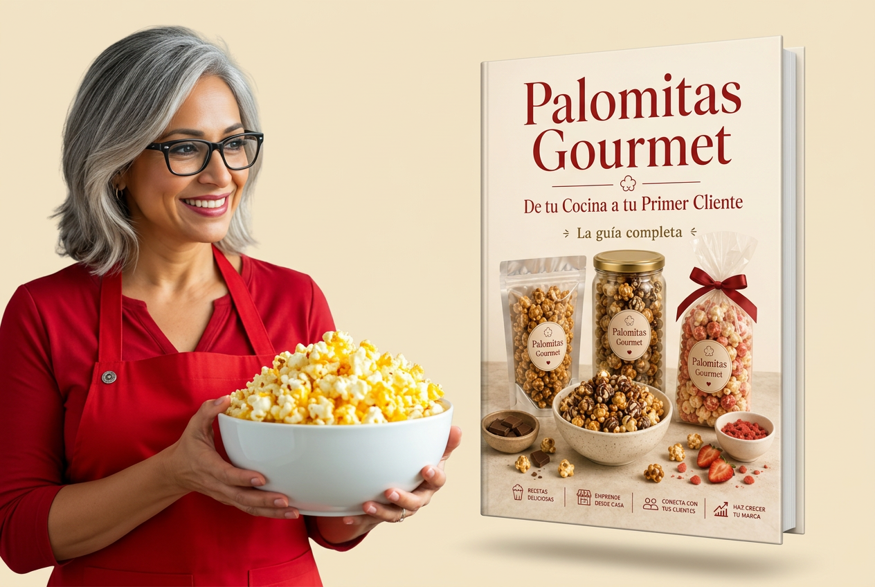 Carmen con palomitas de maíz gourmet y el curso en dispositivos